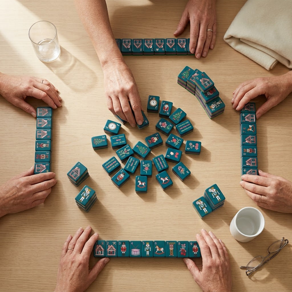 A game in progress seen from above, four players' hands reaching in from the edges of the table