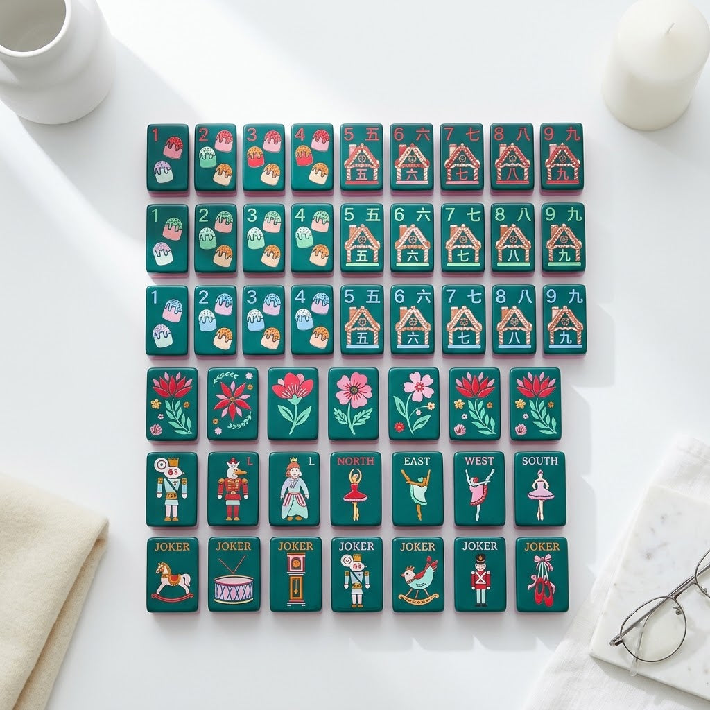 The complete 160-tile Sugarplum set laid out as a specification chart, grouped row by row