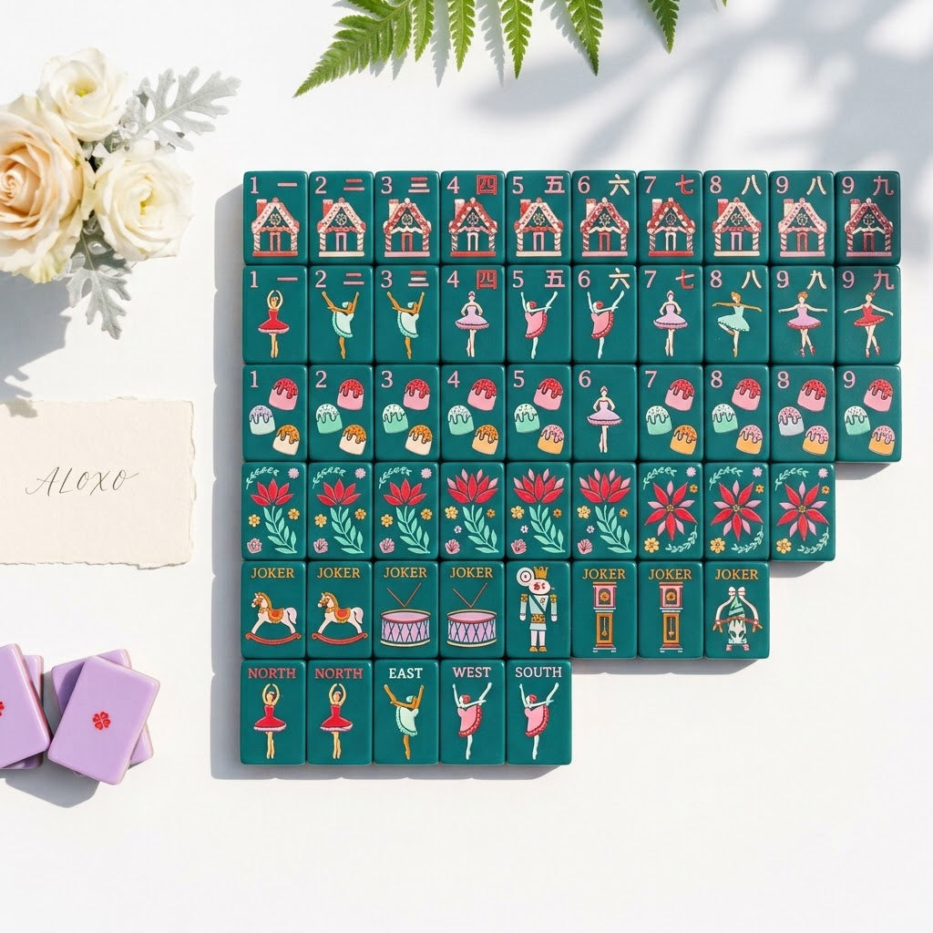 The full Sugarplum set laid out in a stepped block of forest-green tiles on bright white, with lilac-backed tiles stacked at the edge