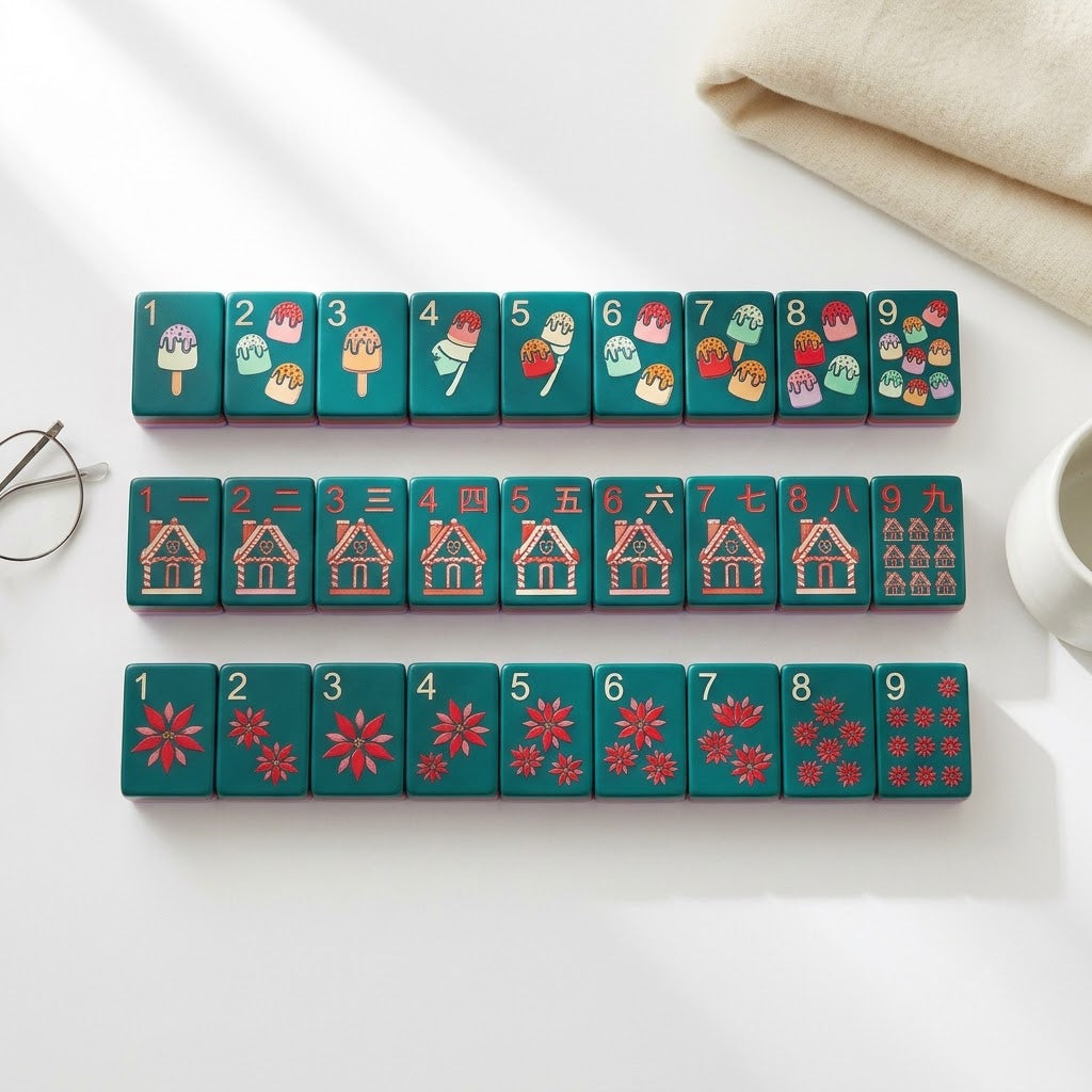 All three numbered suits laid out one to nine — iced cakes, winter blooms and gingerbread houses, row by row