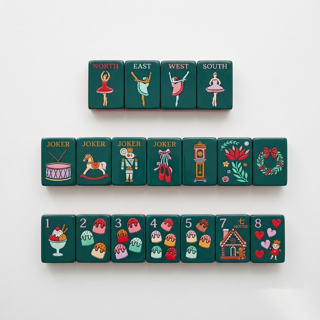 The four dancers of the winds, the honour tiles and the flower tiles laid out in three tidy rows