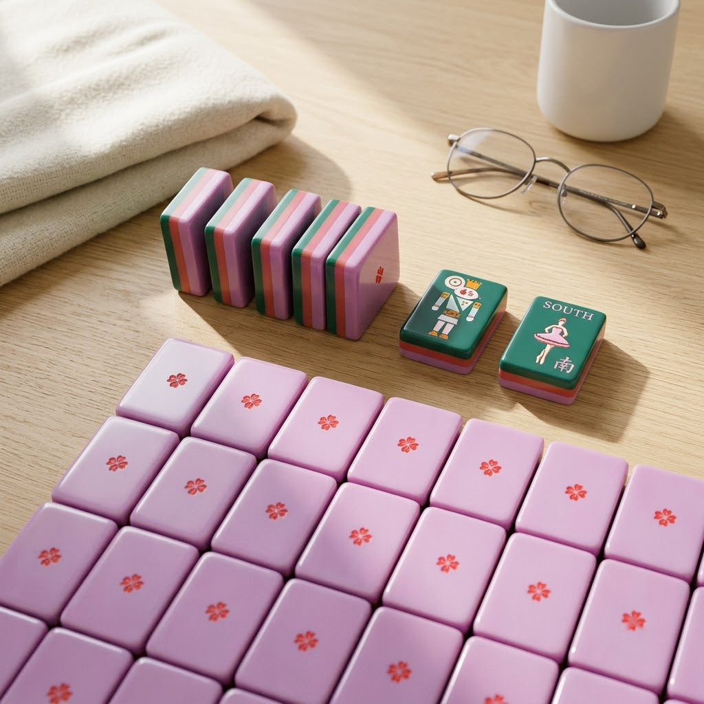 A field of tiles face-down showing the soft lilac backs and their centre flower, with a few stood on edge to show the red band