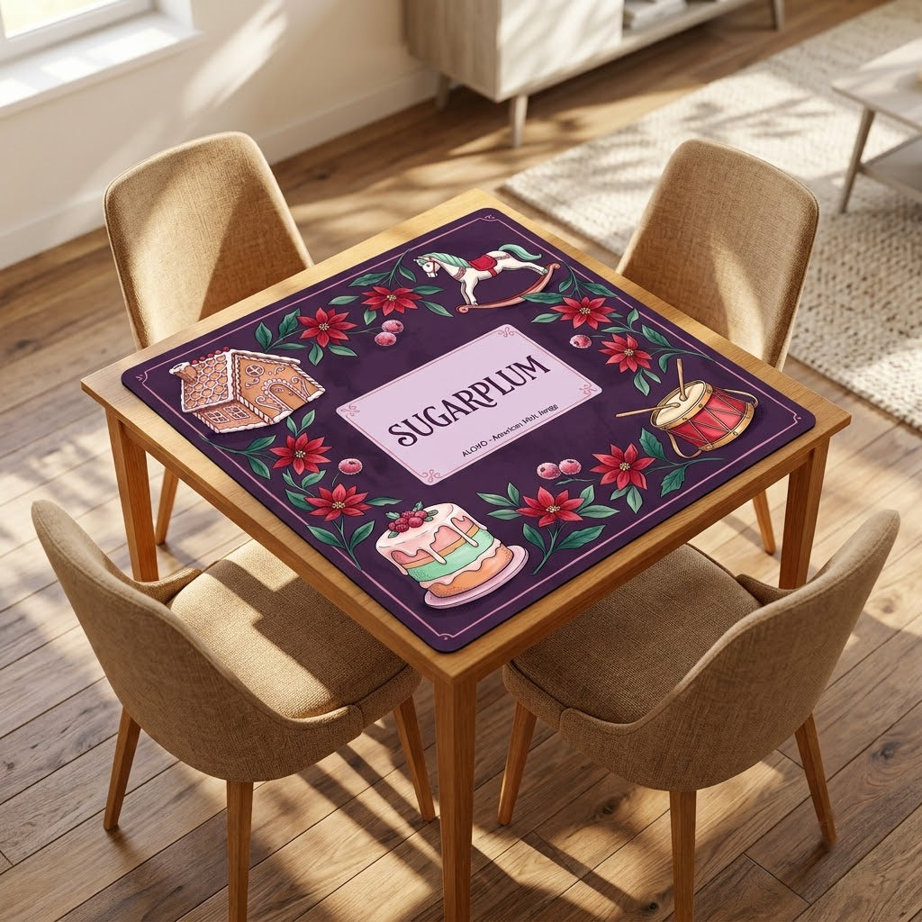Sugarplum Sweet Shop mahjong mat on a card table with four chairs in a living room