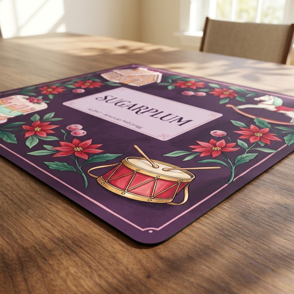 Low-angle view of the Sugarplum Sweet Shop mahjong mat lying flat on a table