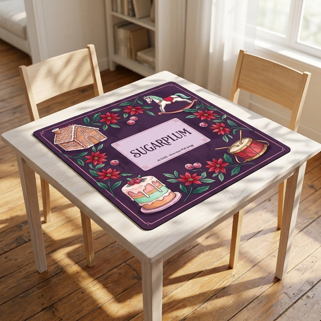 Sugarplum Sweet Shop mahjong mat covering a square card table, angled view