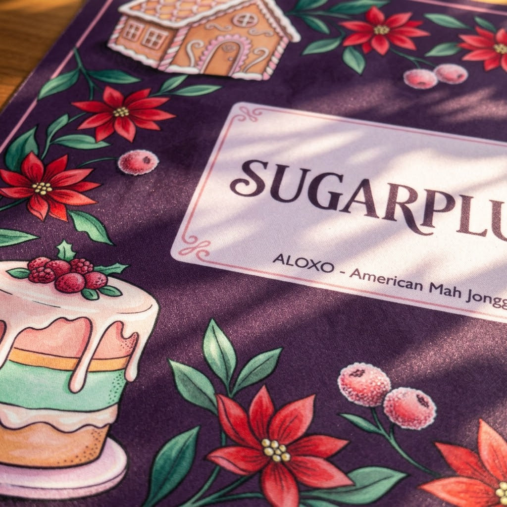 Close-up of the printed artwork on the Sugarplum Sweet Shop mahjong mat