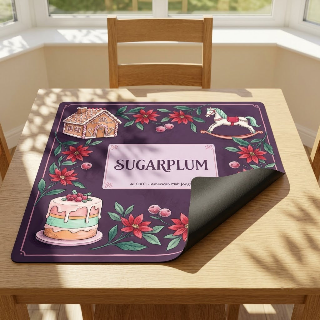 Sugarplum Sweet Shop mahjong mat with one corner folded back to show the black rubber underside