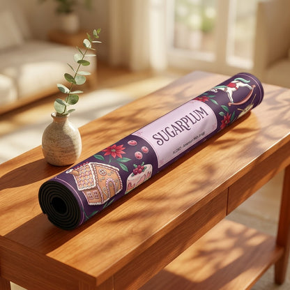 Sugarplum Sweet Shop mahjong mat rolled up on a console table