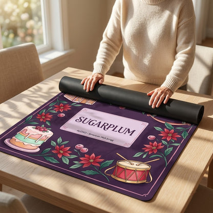 Woman unrolling the Sugarplum Sweet Shop mahjong mat across a card table