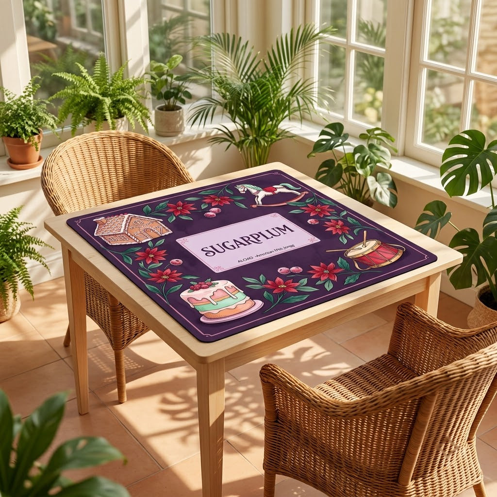 Sugarplum Sweet Shop mahjong mat on a card table in a sunroom with wicker chairs