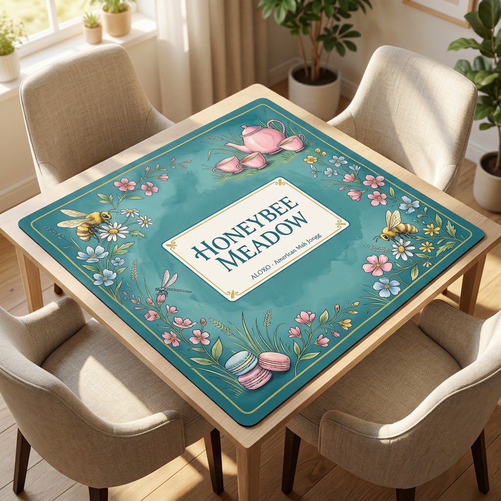Teatime Honeybee Meadow mahjong mat on a card table with four chairs in a living room