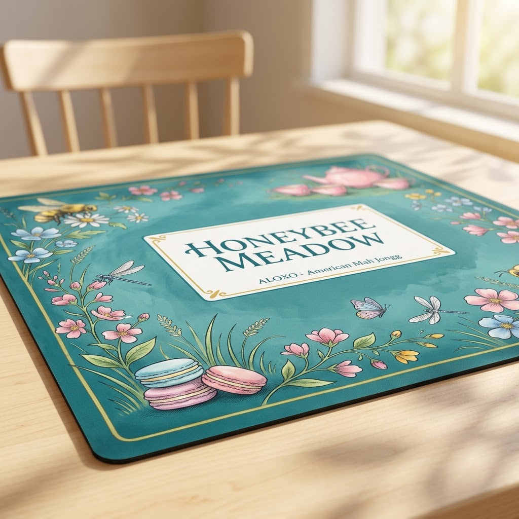 Low-angle view of the Teatime Honeybee Meadow mahjong mat lying flat on a table