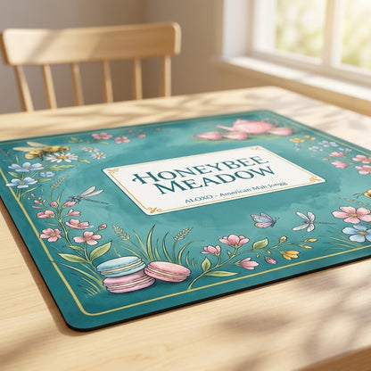 Low-angle view of the Teatime Honeybee Meadow mahjong mat lying flat on a table