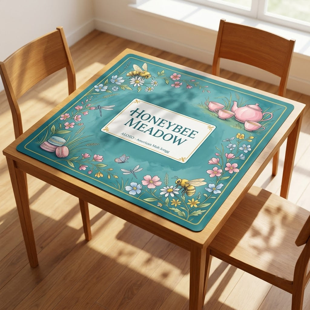 Teatime Honeybee Meadow mahjong mat covering a square card table, angled view