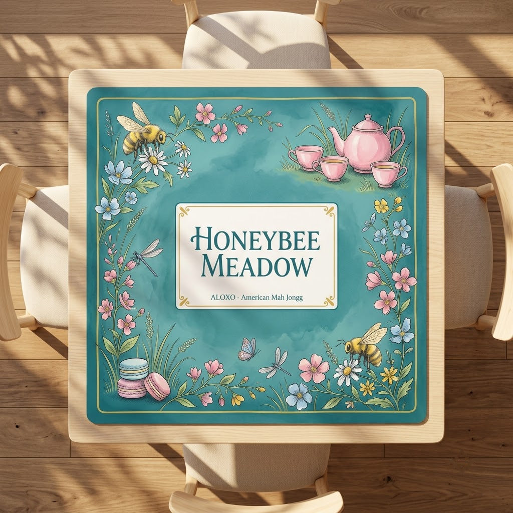 Teatime Honeybee Meadow mahjong mat on a square card table with four chairs, seen from above