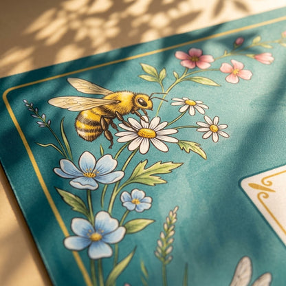 Close-up of the printed artwork on the Teatime Honeybee Meadow mahjong mat