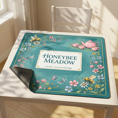 Teatime Honeybee Meadow mahjong mat with one corner folded back to show the black rubber underside