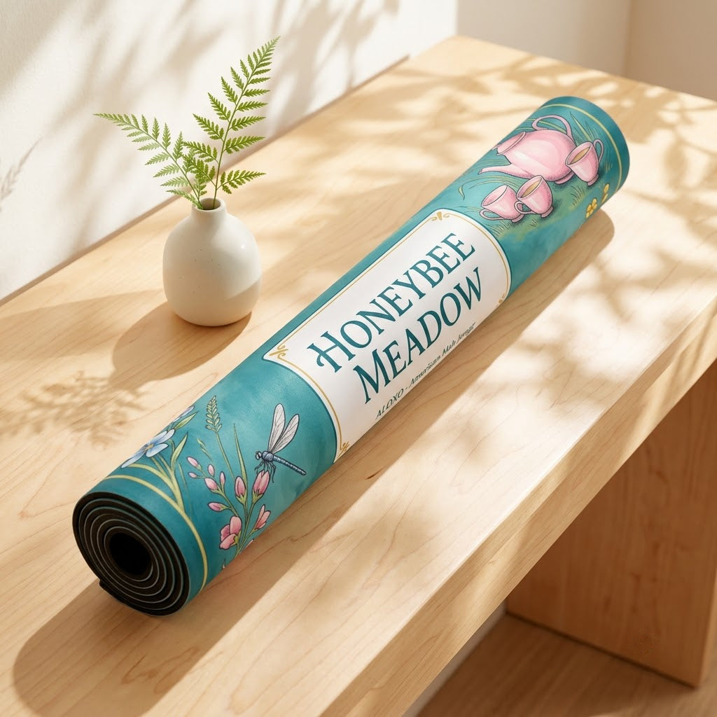 Teatime Honeybee Meadow mahjong mat rolled up on a console table