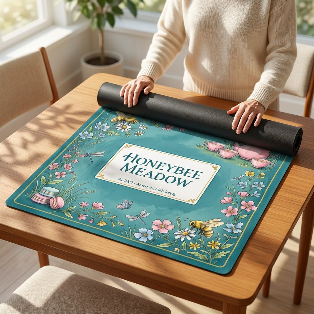 Woman unrolling the Teatime Honeybee Meadow mahjong mat across a card table