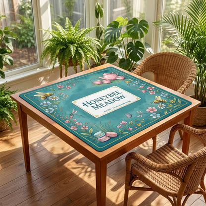 Teatime Honeybee Meadow mahjong mat on a card table in a sunroom with wicker chairs