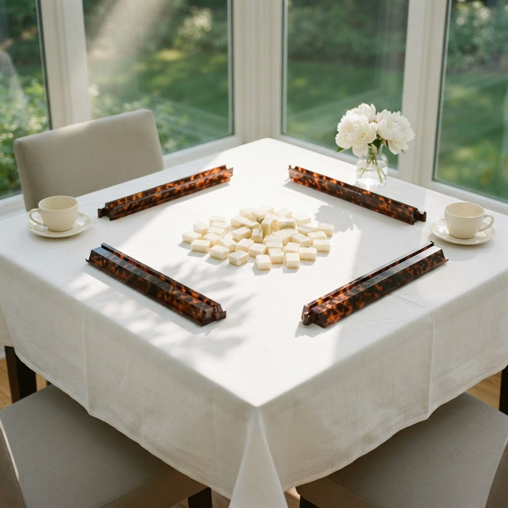 Four Tortoise Shell mahjong racks set out for a game on a white tablecloth in a sunroom