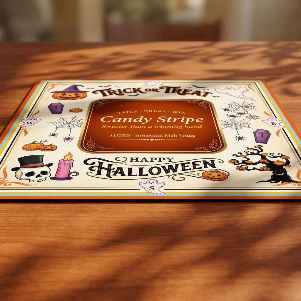 Trick or Treat Candy mahjong mat lying flat on a table, seen from a low angle