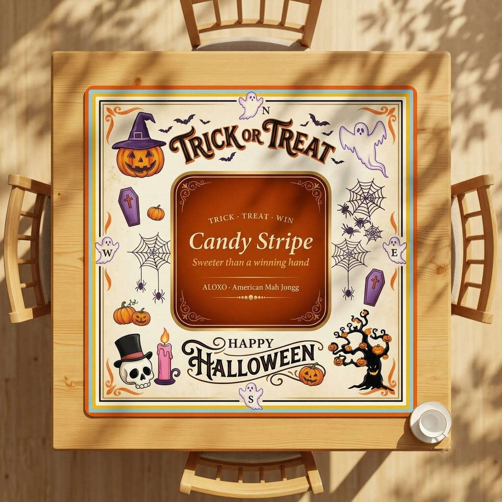Trick or Treat Candy mahjong mat covering a square card table, seen from above