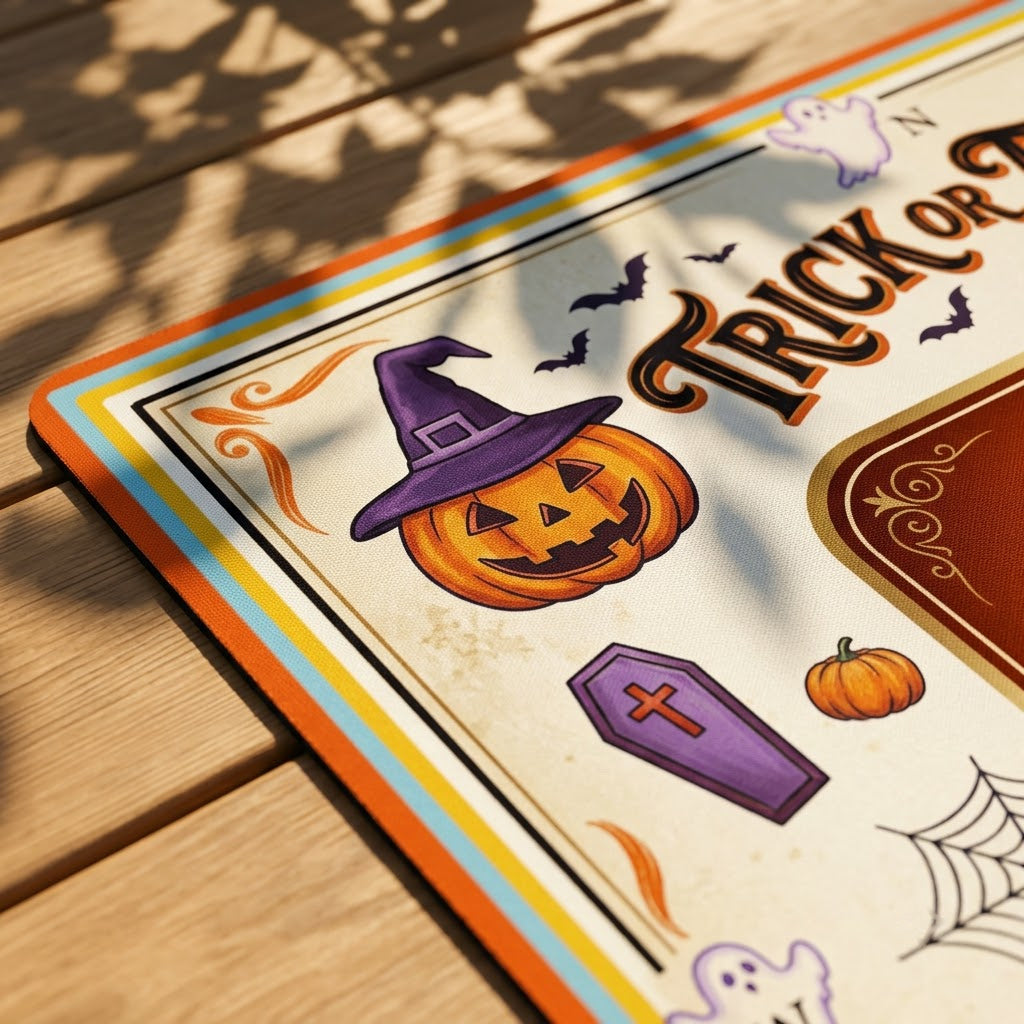 Close-up of the printed artwork on the Trick or Treat Candy mahjong mat