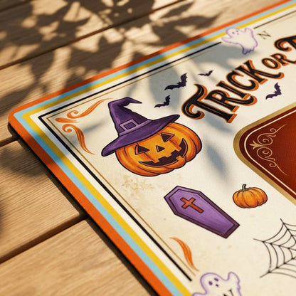 Close-up of the printed artwork on the Trick or Treat Candy mahjong mat