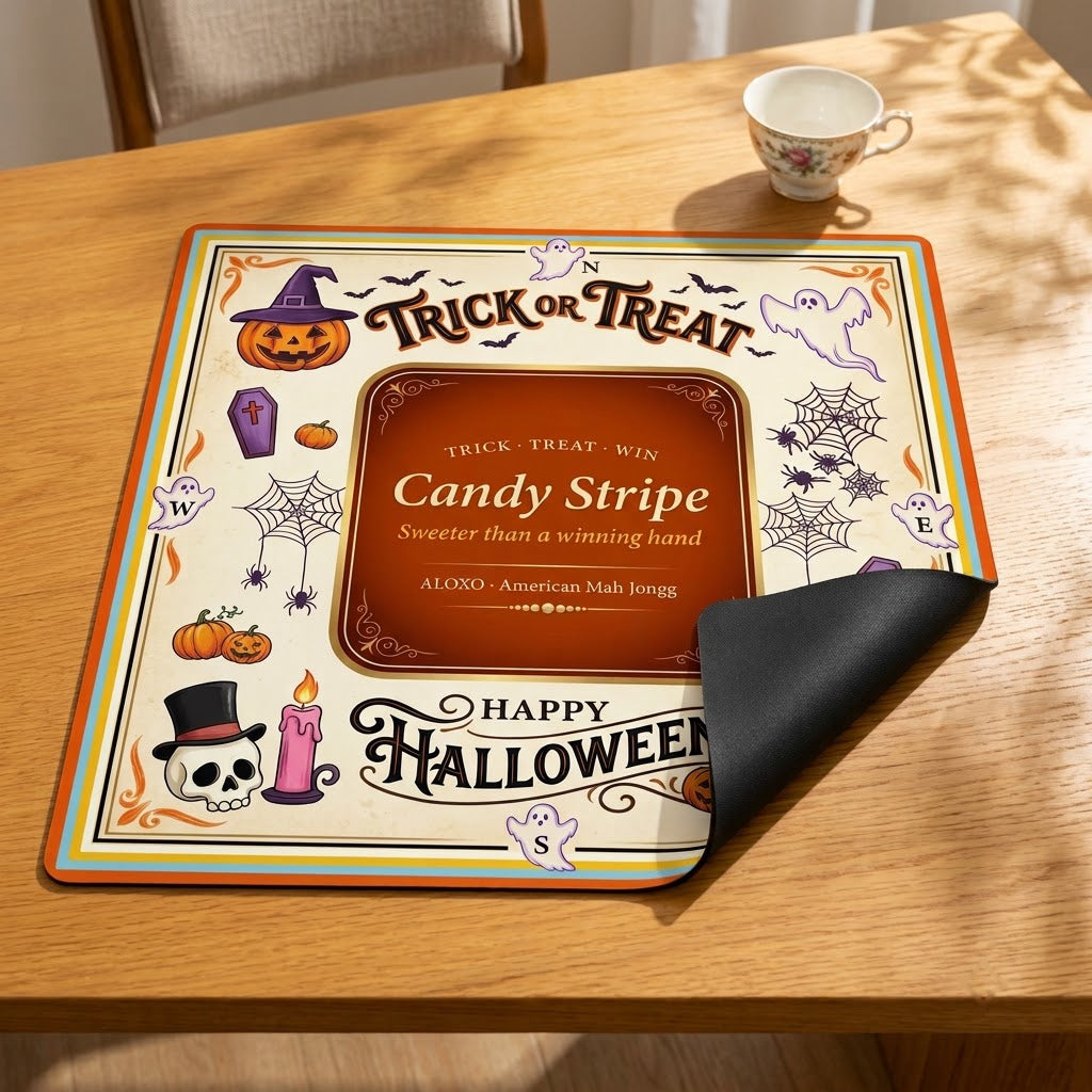 Trick or Treat Candy mahjong mat with one corner folded back to show the black rubber underside
