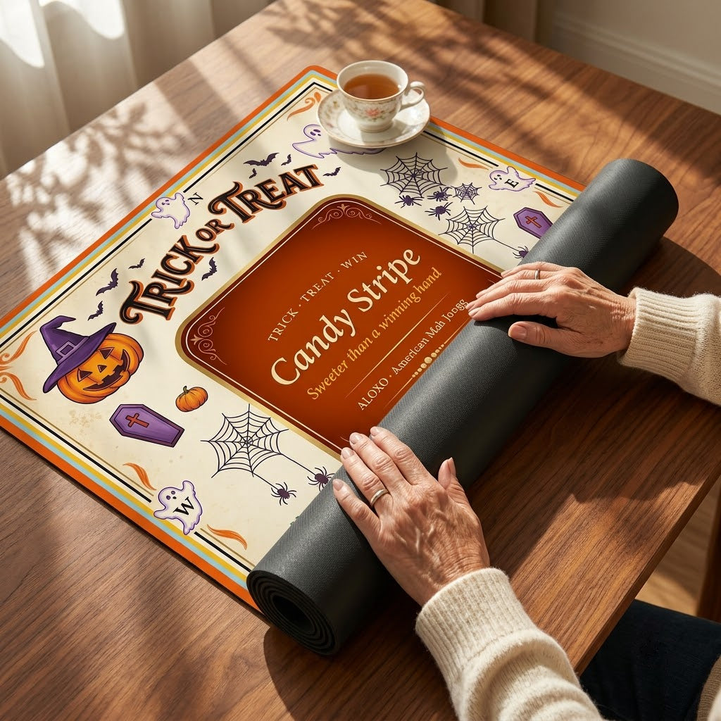 Hands unrolling the Trick or Treat Candy mahjong mat across a table
