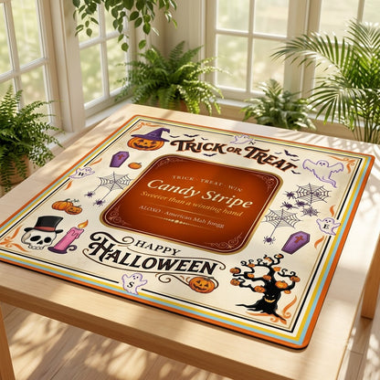 Trick or Treat Candy mahjong mat on a table in a bright sunroom