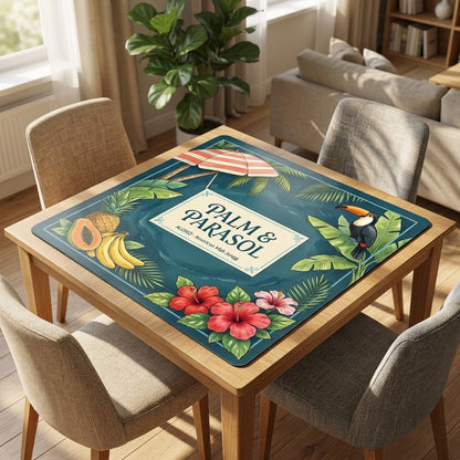 Tropical Palm & Parasol mahjong mat on a card table with four chairs in a living room