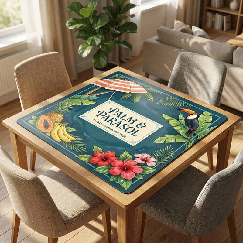 Tropical Palm & Parasol mahjong mat on a card table with four chairs in a living room
