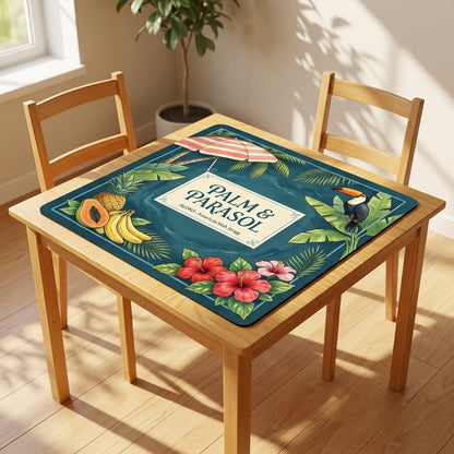 Tropical Palm & Parasol mahjong mat covering a square card table, angled view