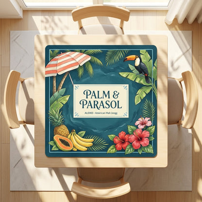 Tropical Palm & Parasol mahjong mat on a square card table with four chairs, seen from above