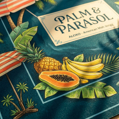 Close-up of the printed artwork on the Tropical Palm & Parasol mahjong mat