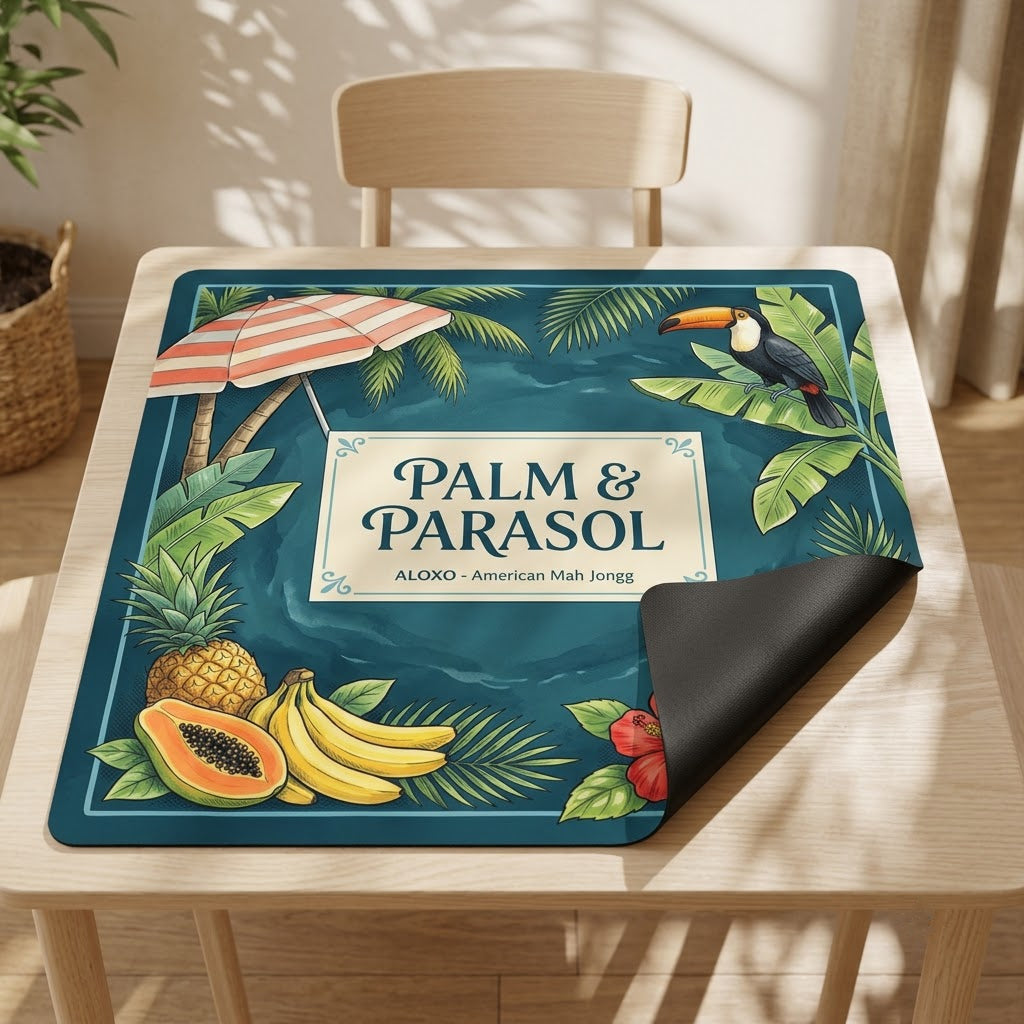 Tropical Palm & Parasol mahjong mat with one corner folded back to show the black rubber underside