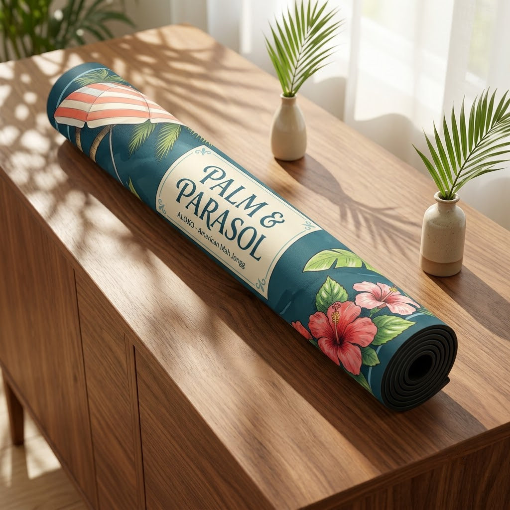Tropical Palm & Parasol mahjong mat rolled up on a console table