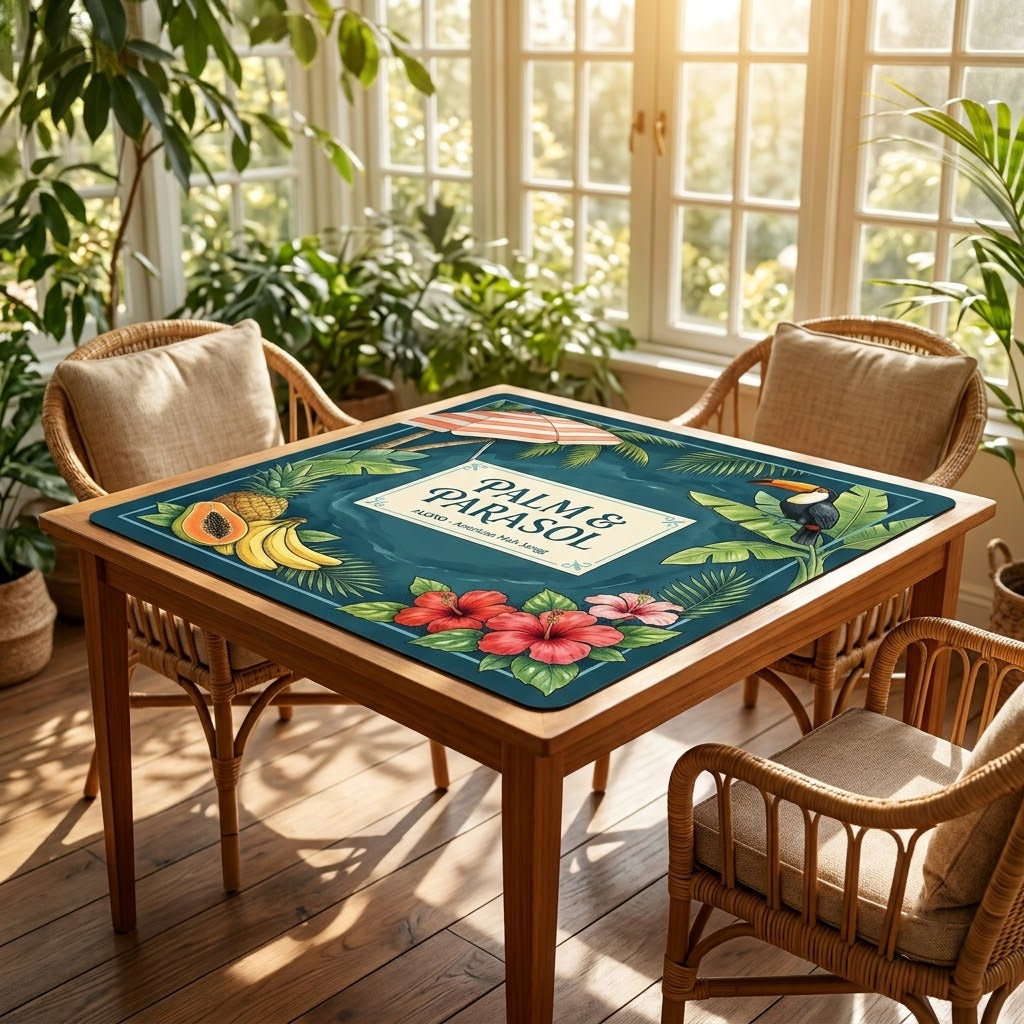 Tropical Palm & Parasol mahjong mat on a card table in a sunroom with wicker chairs